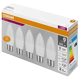 Лампа светодиодная Osram LVCLB60 7SW/840 7 Вт E27 (C, 4000 К, 560 Лм, 240 В, 5 штук в упаковке, 4058075578043)