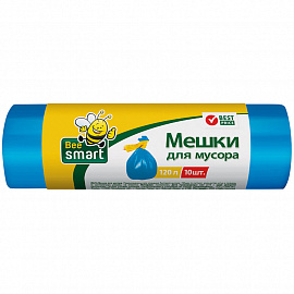 Мешки для мусора 120л BeeSmart ПНД, 65*100см, 12мкм, 10шт., синие, в рулоне