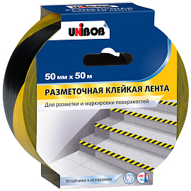 Лента клейкая для разметки Unibob желтая/черная 50 мм x 50 м