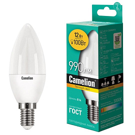 Лампа светодиодная Camelion LED12-C35/830/E14 свеча 12Вт E14 3000K 990Лм 220В 13687