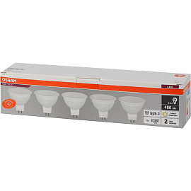 Лампа светодиодная Osram 6 Вт GU5.3 (MR, 3000 К, 460 Лм, 220 В, 5 штук в упаковке, 4058075584778)