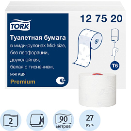 Бумага туалетная рулонная Tork Premium T6 2-слойная белая 27 рулонов по 90 метров (127520)