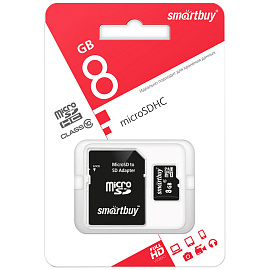 Карта памяти micro SDHC, 8 GB, SMARTBUY, 10 Мб/сек. (class 10), с адаптером, SB8GBSDCL10-01