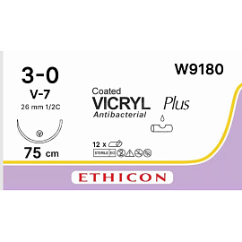 Шовный материал Викрил 3/0 75 см колюще-режущая игла 26 мм 1/2 W9180 (12 штук в упаковке)
