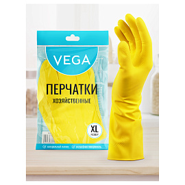 Перчатки резиновые хозяйственные Vega, многоразовые, хлопчатобумажное напыление, размер XL, желтые, пакет с европодвесом