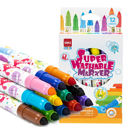 Фломастеры Deli Super Washable Marker 12 цветов смываемые