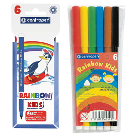 Фломастеры 6 ЦВЕТОВ CENTROPEN "Rainbow Kids", круглые, смываемые, вентилируемый колпачок, 7550/6ET, 7 7550 0602